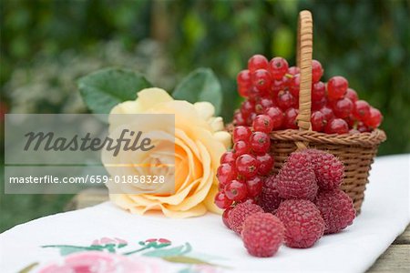 Raspberries, redcurrants in basket & yellow rose on table