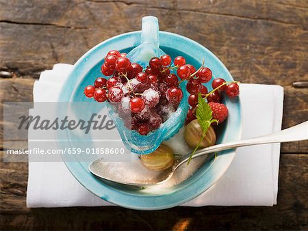 Redcurrants in glass jug, sugar, gooseberries, raspberry