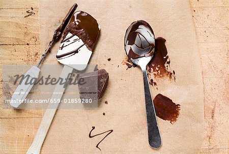 Piece of chocolate, remains of couverture, baking utensils