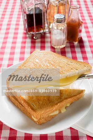 Geröstete Käse-Sandwiches auf Platte, Essig, Öl, Gewürze