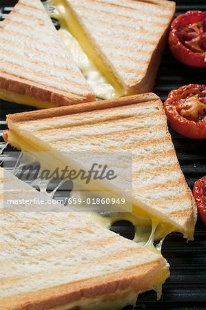 Toasted cheese sandwiches & tomatoes on grill plate (close- up)