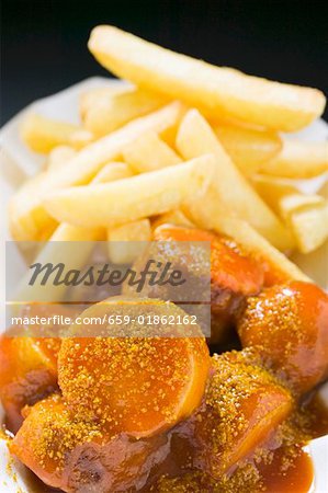 Currywurst (sausage with ketchup & curry powder) and chips