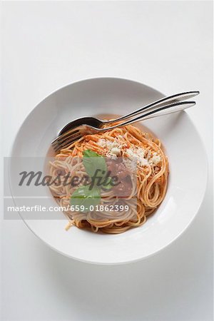 Spaghetti with tomato sauce, basil and Parmesan