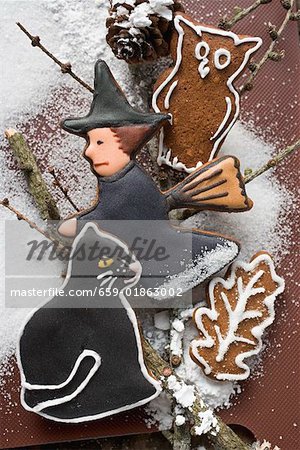 Gingerbread witch, owl and black cat