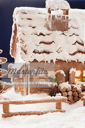 Gingerbread house with atmospheric lighting