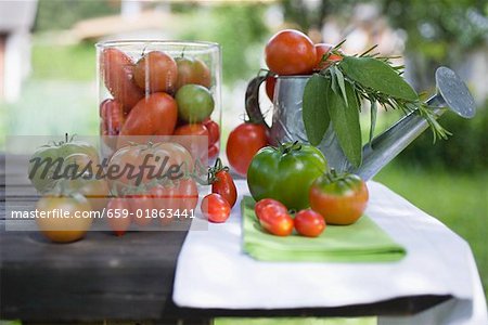 Various types of tomatoes on table out of doors