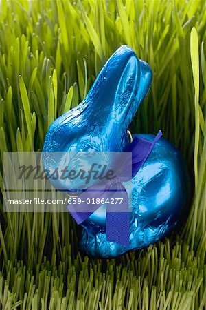 Blue chocolate Easter Bunny in grass