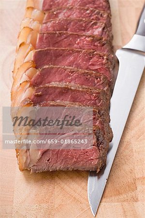 Beef steak with fatty edge, sliced