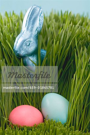 Lapin de Pâques et de la couleur des œufs dans l'herbe