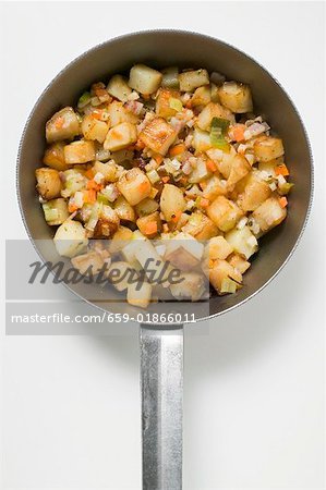 Fried potatoes with vegetables and bacon in frying pan