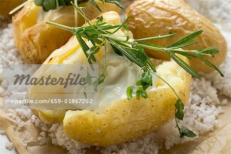 Baked potato with sour cream and herbs on salt