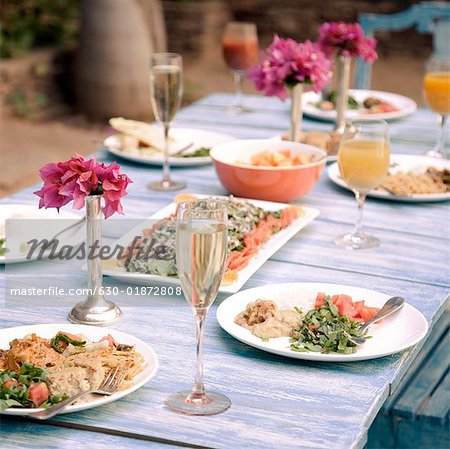 Food served on a dining table