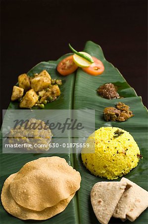 Close-up of Indian food on a banana leaf