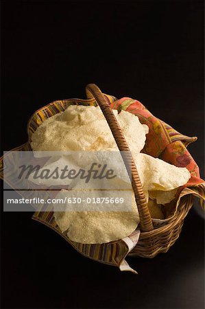 High angle view of Papadoms in a basket