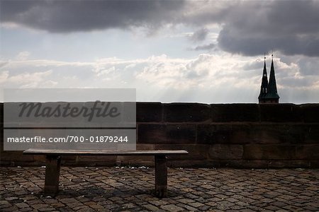 Bench and Church Steeples, Nuremberg Castle, Bavaria, Germany