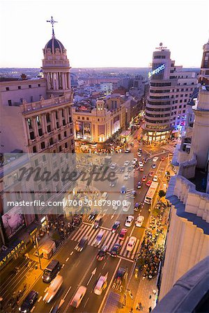 Overview of The Gran Via, Madrid, Spain