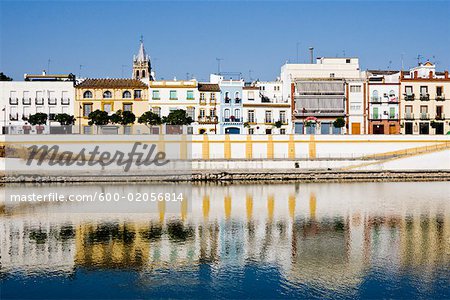 Houses and Cafes along Guadalquivir River, Seville, Andalucia, Spain