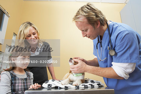 Mother and Daughter with Dog at Veterinarian's Office