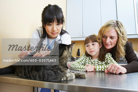 Mother and Daughter with Cat at Veterinarian's Office