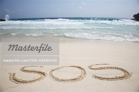 SOS écrit sur la plage, Parc National de Washington Slagbaai, Bonaire, Antilles néerlandaises