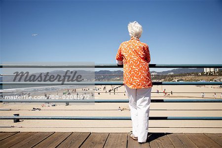 Woman on Boardwalk at the Beach, Santa Monica Pier, Santa Monica, California, USA