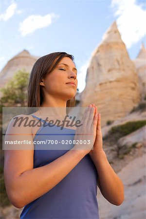 Close-up Portrait of Woman Performing Yoga Pose, Kasha- Katuwe Tent Rocks National Monument, New Mexico, USA