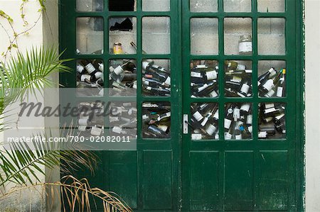 Empty Wine Bottles Behind Doors, Villeneuve A l'Archeveque, Burgundy, France