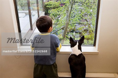 Young boy and dog looking out the window
