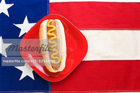 Hot dog on American flag tablecloth