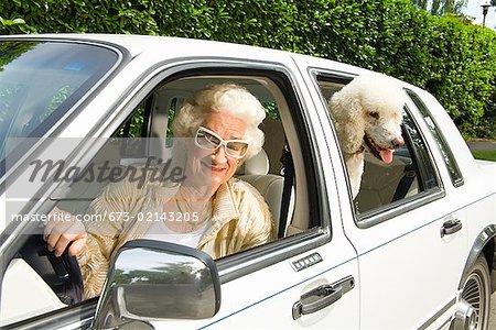 Senior woman and dog in car