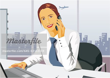 Front view of businesswoman smiling and talking on cell phone