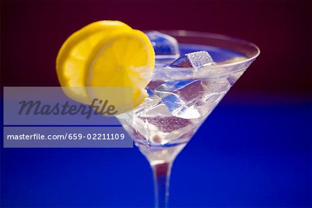 A glass of Martini with ice cubes and lemon slices