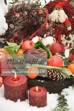 Décorations de Noël dans le jardin enneigé (détail)
