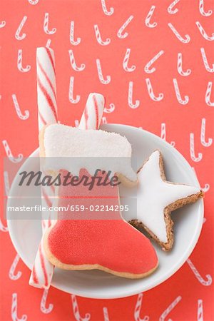 Cinnamon star, boot & candy canes in dish (overhead view)