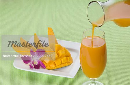 Mango shake being poured into a glass