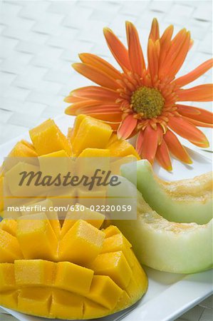 Close-up of mango slices and melon slices in a plate