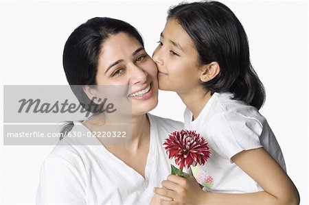 Close-up of a girl kissing her mother and smiling