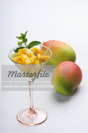 Close-up of a glass of mango slices with mangoes
