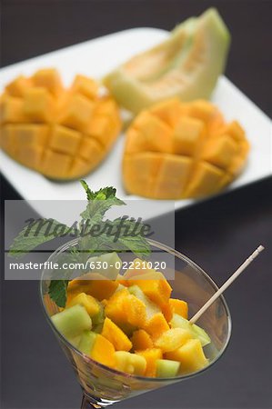 Close-up of mango slices and melon slices in a martini glass with mint leaves