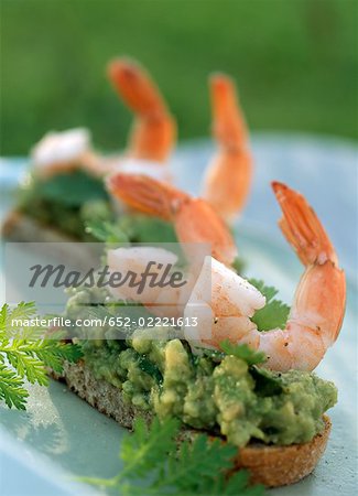 Shrimp and guacamole toasts