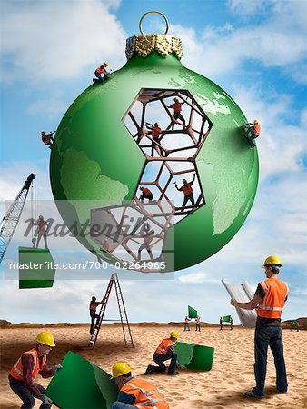 Construction Workers Building a Christmas Ornament Globe