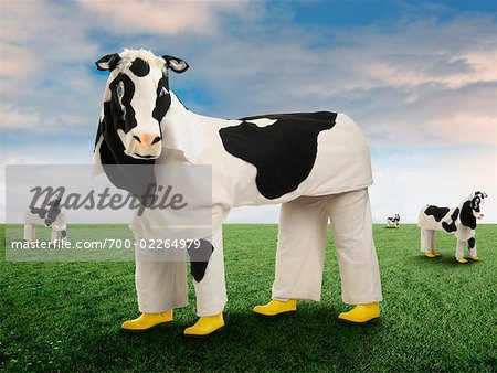 People Wearing Cow Costumes Standing in Pasture