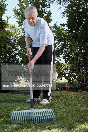Homme Senior ratissage dans un jardin