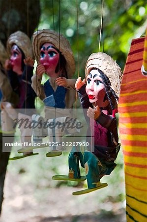 Close-up of three puppets, Chichen Itza, Yucatan, Mexico