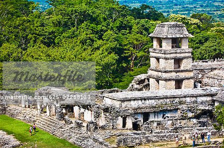 High angle view of tourists at old ruins of a palace, Maya Palace, Palenque, Chiapas, Mexico