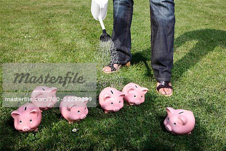 Person Watering Piggy Banks