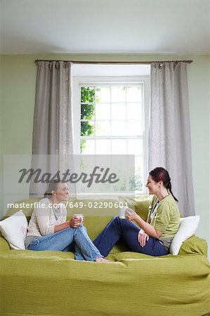 Two young women on couch, with mugs