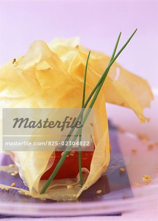 Filo pastry papillote filled with tomato and feta