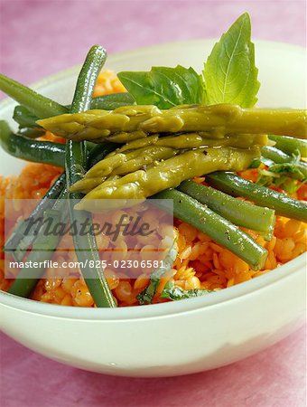 coral lentils, asparagus and French beans