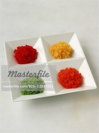 Selection of different coloured fish roe